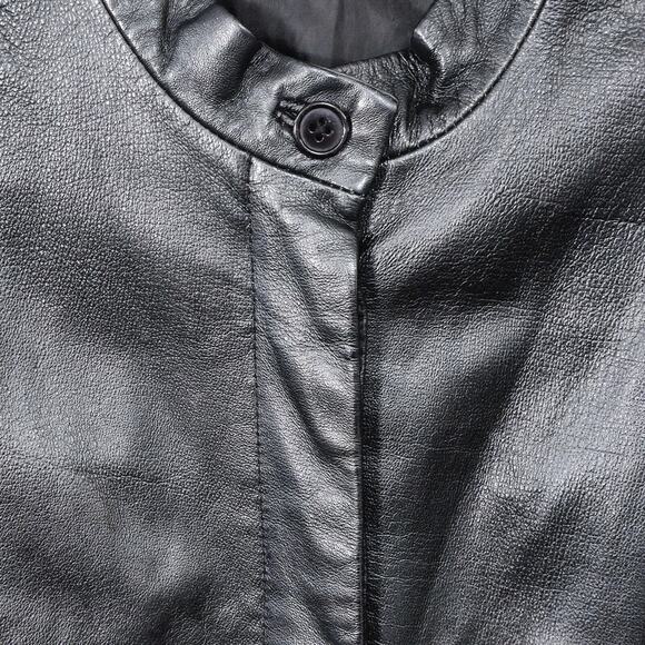 Newport News Women’s Leather Jacket L Retro Minimalist Genuine Black Button Down - Picture 3 of 8